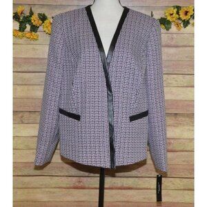 NWT Tahari Arthur Levine 14W Purple Open Tweed Blazer Jacket Faux Leather Trim